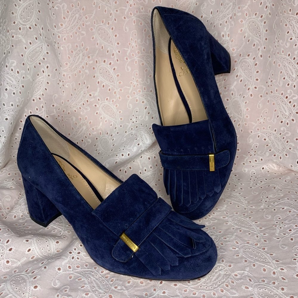 Vince Camuto blue suede loafer heels